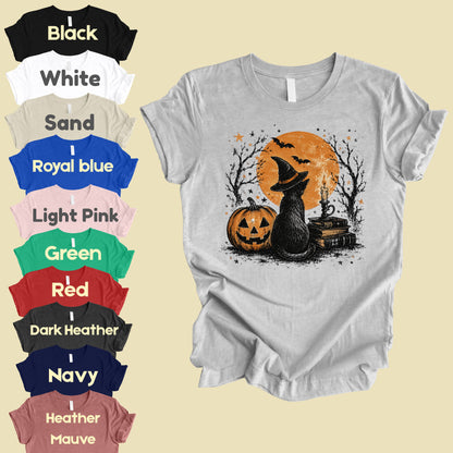 Halloween Black Cat Witch T-Shirt, Full Moon Pumpkin Spooky Vintage Books Magic Tee