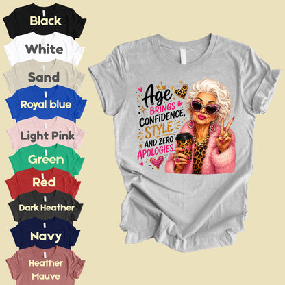 Age Brings Confidence Senior Woman T-Shirt, Fabulous Glam Leopard Coffee Comfort Color Tee