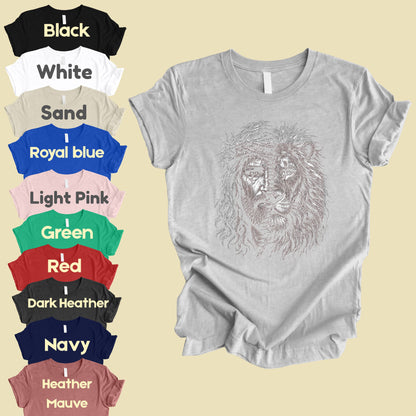 Lion and Jesus Christian Faith T-Shirt, Lion of Judah Crown of Thorns Sketch Tee