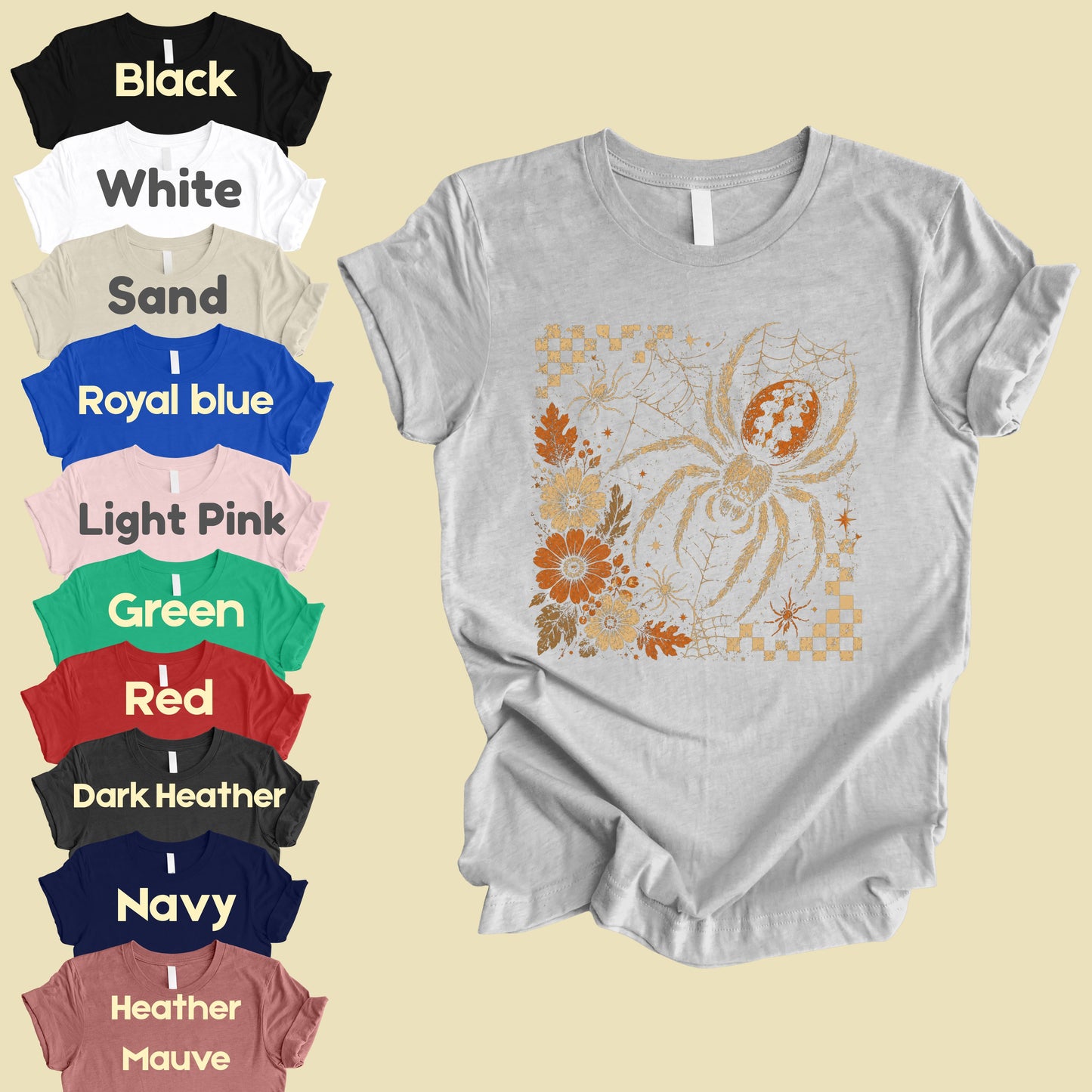 Vintage Fall Halloween Spider T-Shirt, Floral Spiderweb Checkered Spooky Season Tee