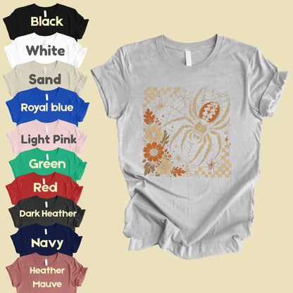 Vintage Fall Halloween Spider T-Shirt, Floral Spiderweb Checkered Spooky Season Tee