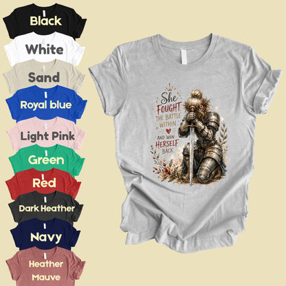 Inspirational Knight Girl She Fought the Battle Within T-Shirt, Female Warrior Sword Armor Tee