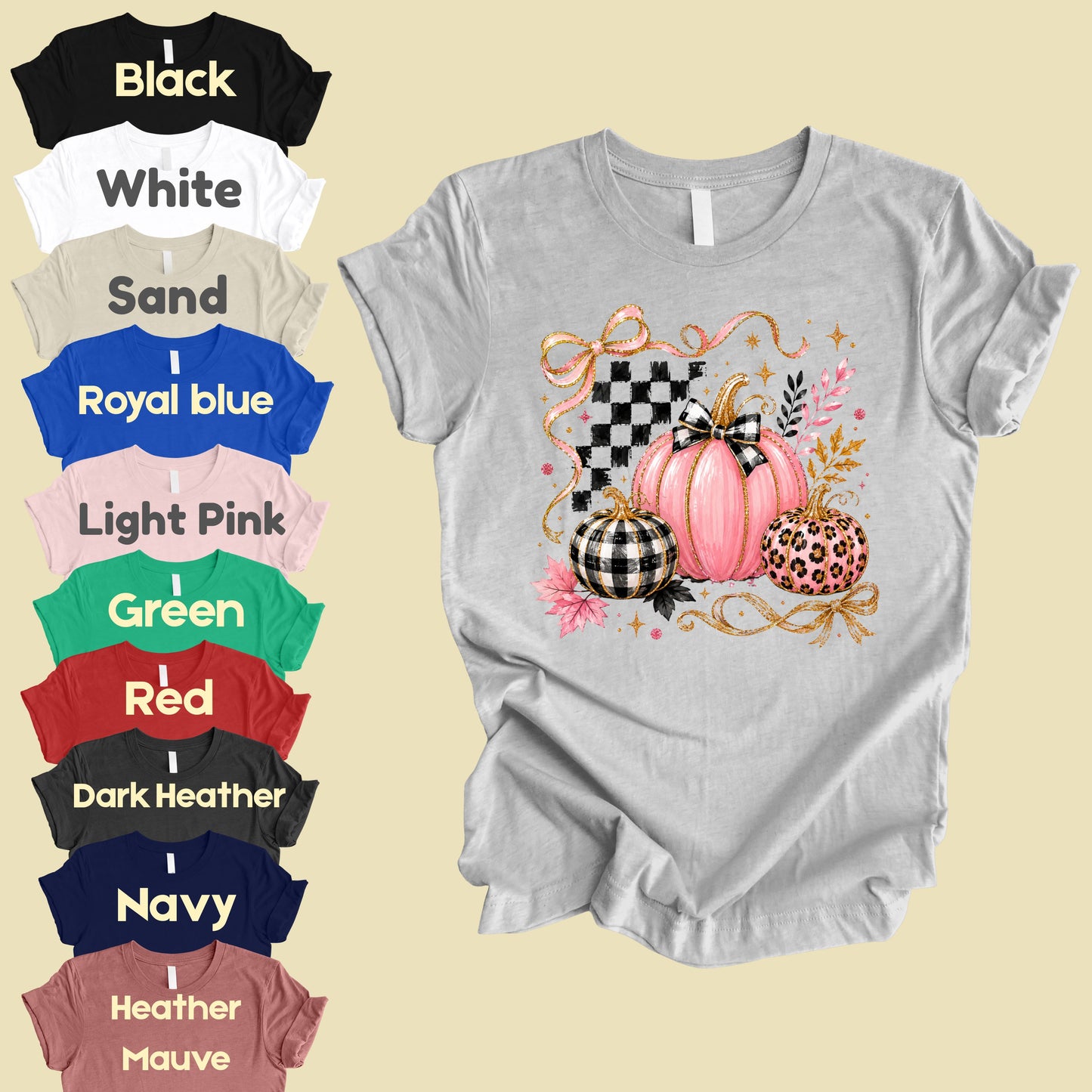 Pink Coquette Fall Pumpkin T-Shirt, Leopard Plaid Ribbon Bow Checkered Autumn Tee
