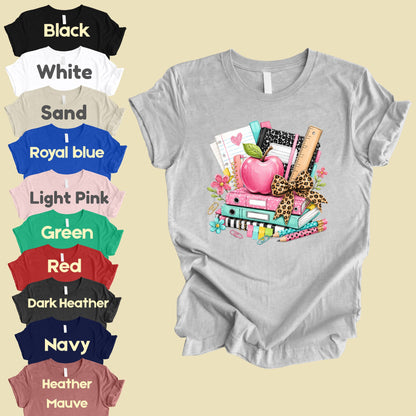Pink Apple School Supplies T-Shirt, Books Leopard Bow Back to School Teacher Tee
