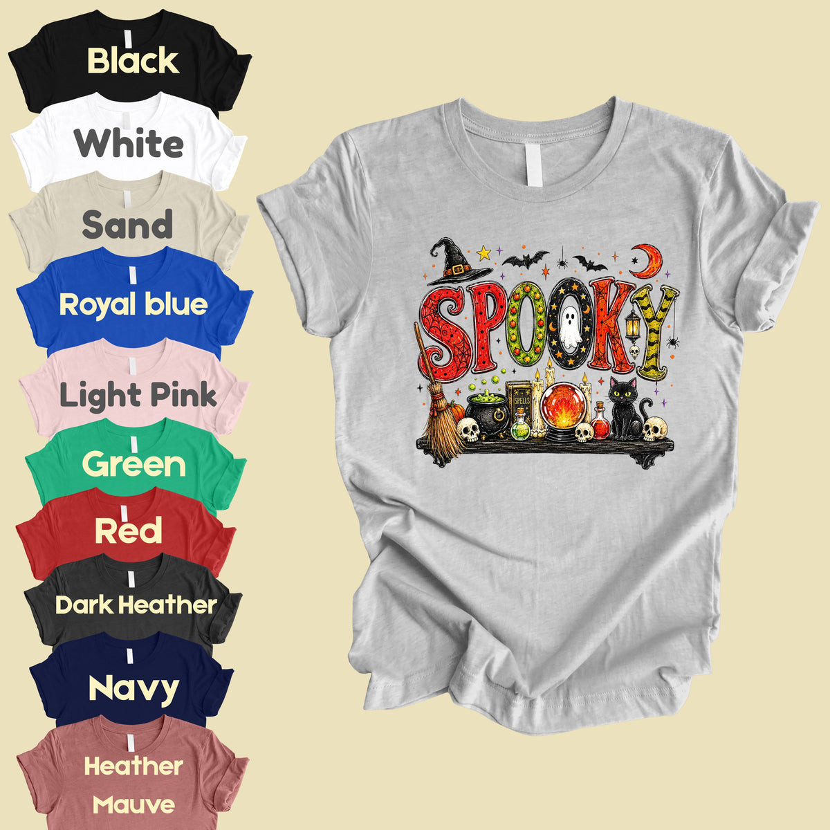 Halloween Witch Shelf Black Cat T-Shirt, Crystal Ball Cauldron Potion Skull Spooky Tee