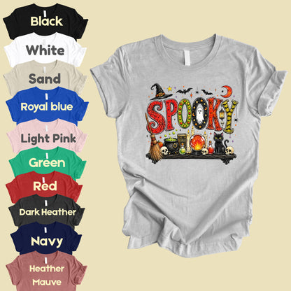 Halloween Witch Shelf Black Cat T-Shirt, Crystal Ball Cauldron Potion Skull Spooky Tee