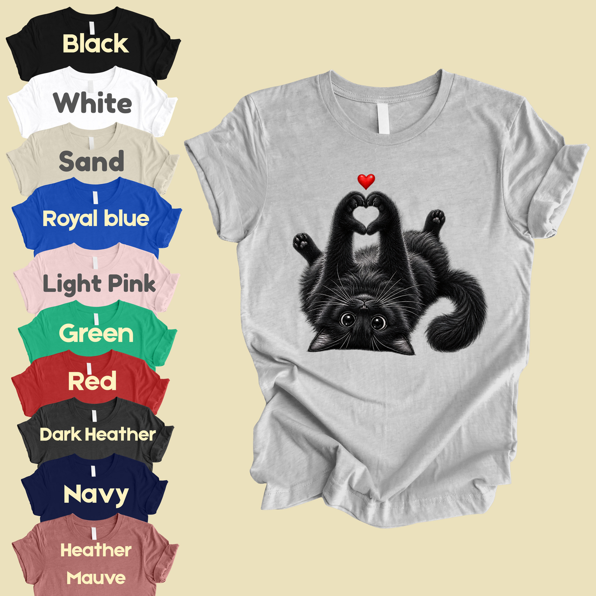 Black Cat Heart Hands T-Shirt, Cute Kitty Kitten Lover Heart Paws Love Tee