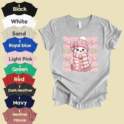 Cute Pink Snowgirl Winter T-Shirt, Snowman Beanie Bow Pink Stripes Hearts Tee