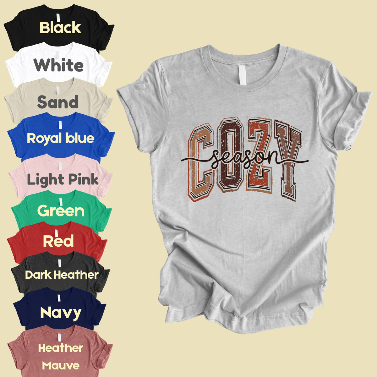 Cozy Season Fall T-Shirt, Distressed Varsity Letters Autumn Neutral Tones Tee