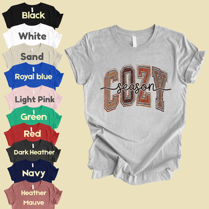 Cozy Season Fall T-Shirt, Distressed Varsity Letters Autumn Neutral Tones Tee