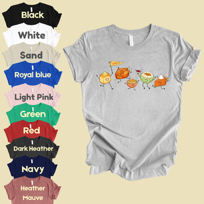 Thanksgiving Dancing Turkey T-Shirt, Food Parade Pumpkin Pie Funny Fall Tee