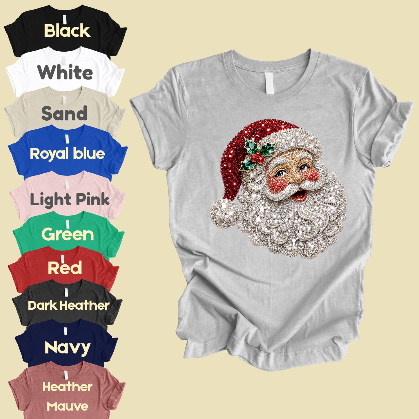 Christmas Santa Claus Vintage T-Shirt, Bejeweled Rhinestone Santa Head Festive Holiday Tee