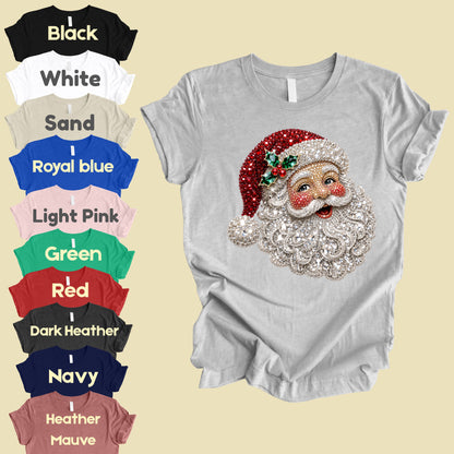 Christmas Santa Claus Vintage T-Shirt, Bejeweled Rhinestone Santa Head Festive Holiday Tee