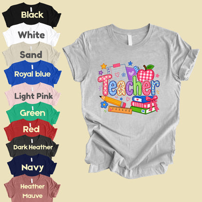Teacher Apple Books Pencil T-Shirt, Colorful School Supplies Back to School Comfort Color Tee