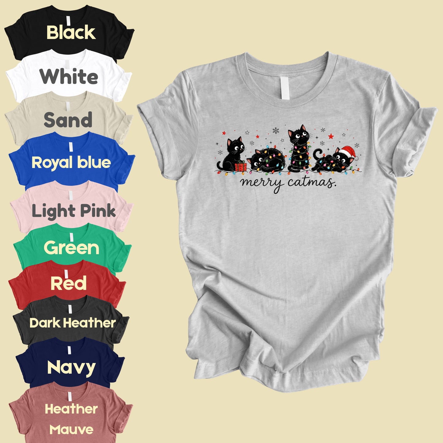 Merry Catmas Black Cats Christmas T-Shirt, Christmas Lights Black Kittens Cat Lover Tee