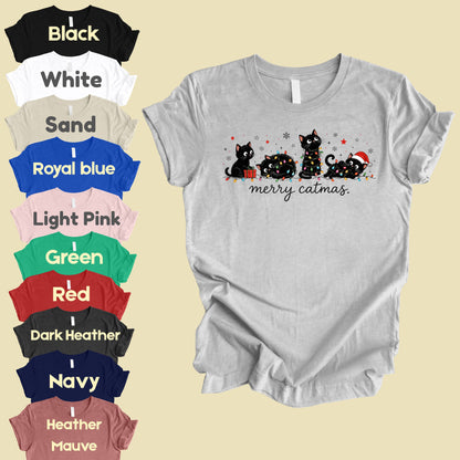 Merry Catmas Black Cats Christmas T-Shirt, Christmas Lights Black Kittens Cat Lover Tee