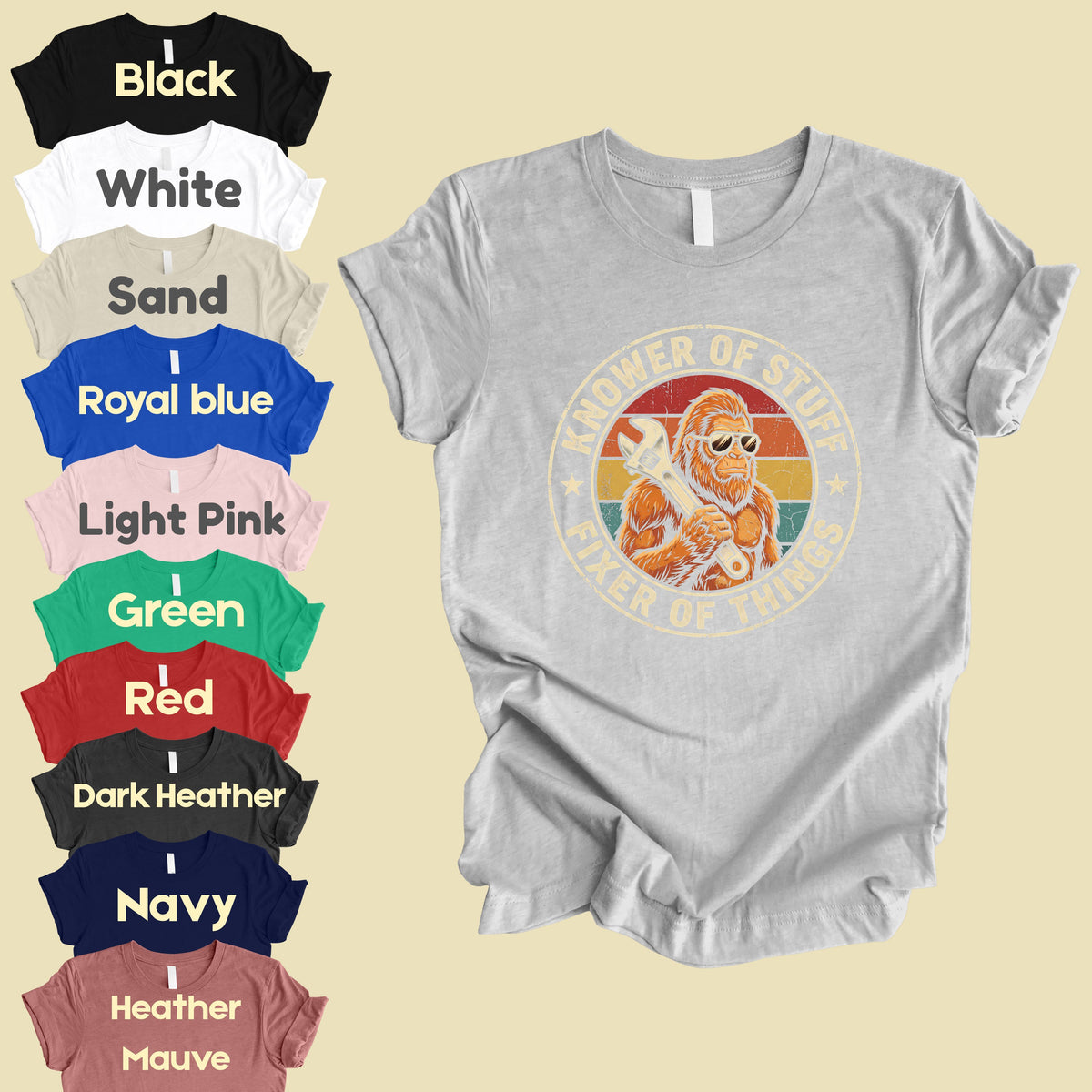 Funny Bigfoot Knower of Stuff Fixer of Things T-Shirt, Retro Sasquatch Wrench Sunglasses Dad Handyman Tee