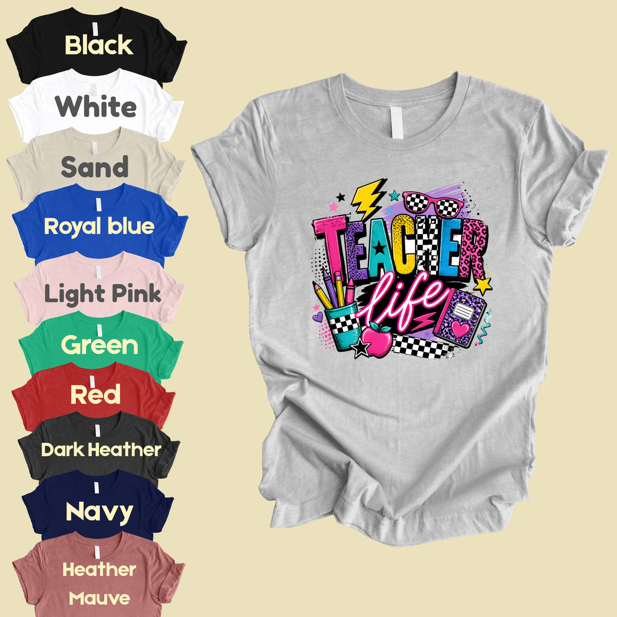 Retro Neon Teacher Life T-Shirt, Colorful Doodle Graffiti Checkerboard Sunglasses Back to School Tee
