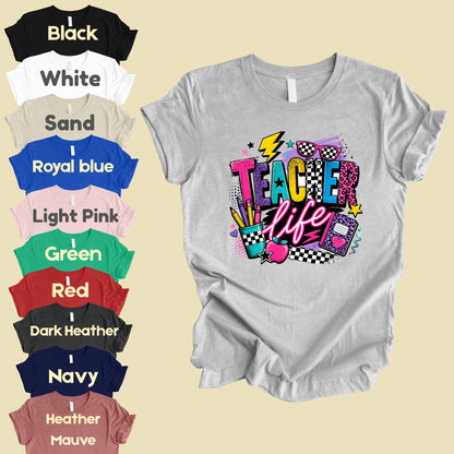 Retro Neon Teacher Life T-Shirt, Colorful Doodle Graffiti Checkerboard Sunglasses Back to School Tee