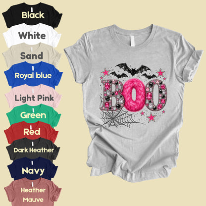 Boo Pink Glitter Bats Halloween T-Shirt, Spider Web Sparkle Comfort Color Tee
