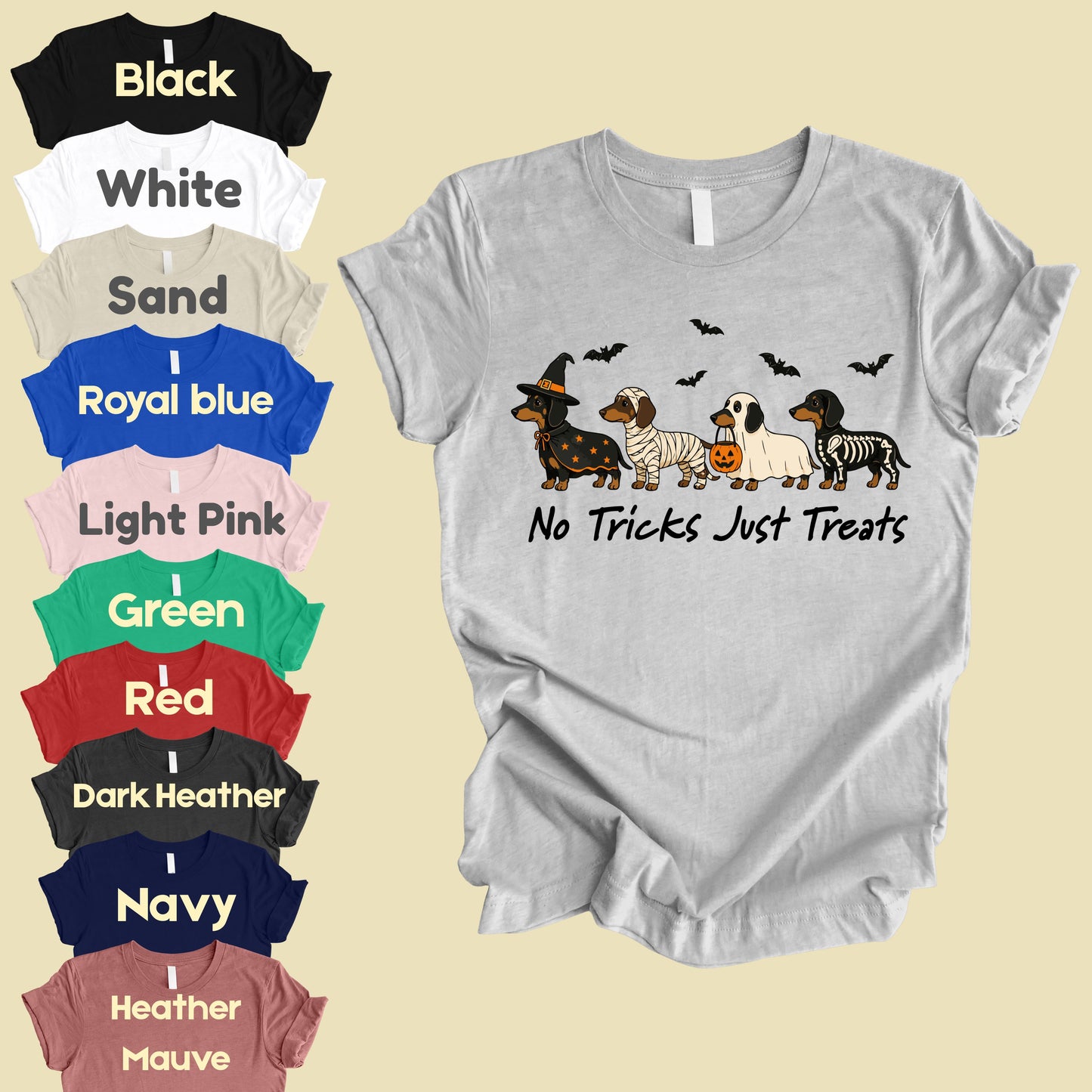 Dachshund Halloween Comfort Colors T Shirts No Tricks Just Treats Costume Tee Cute Ghost Mummy Witch Skeleton Dog Shirt Spooky Wiener Dog Hoodie