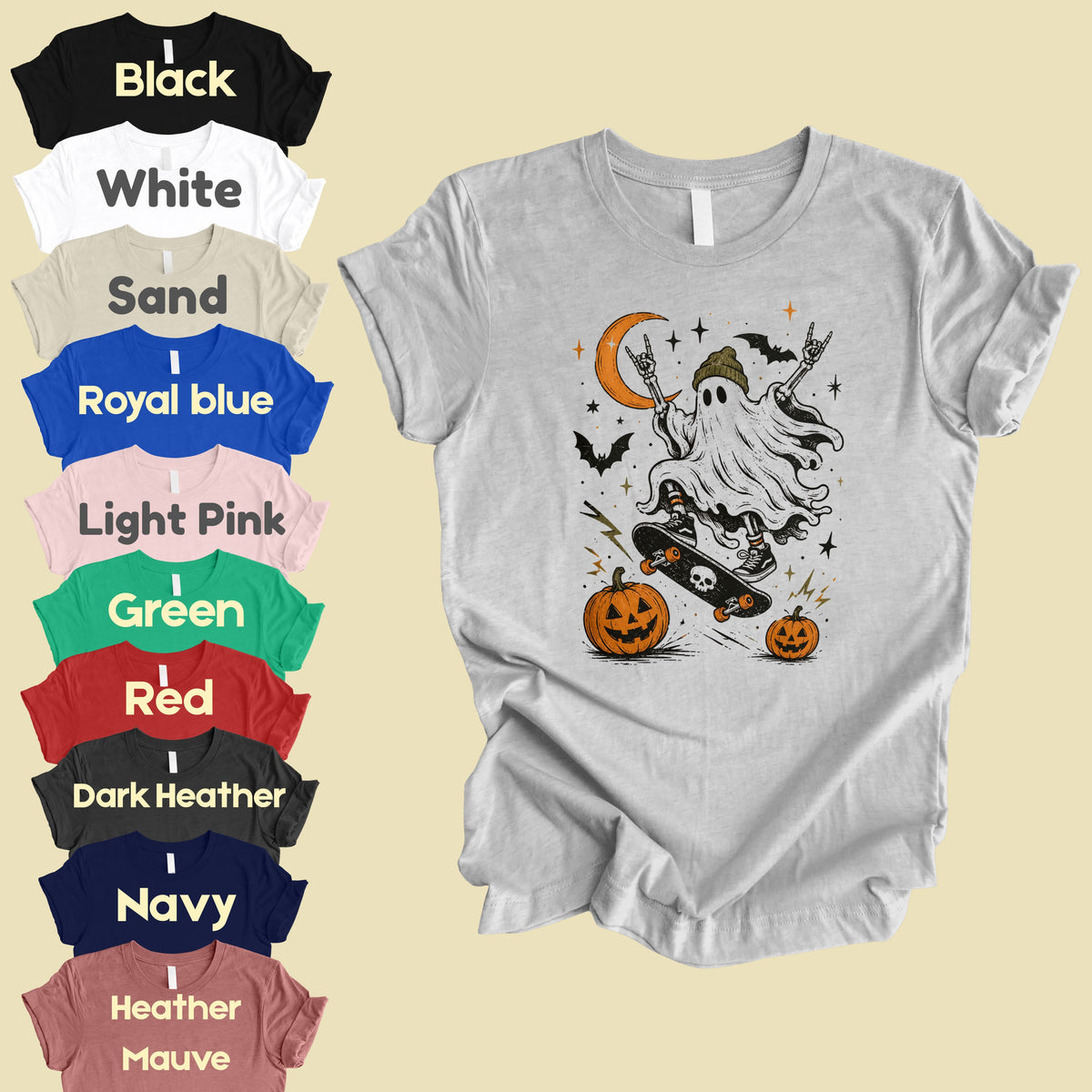 Halloween Skater Ghost Rock On T-Shirt, Skateboarding Skeleton Crescent Moon Pumpkins Bats Tee