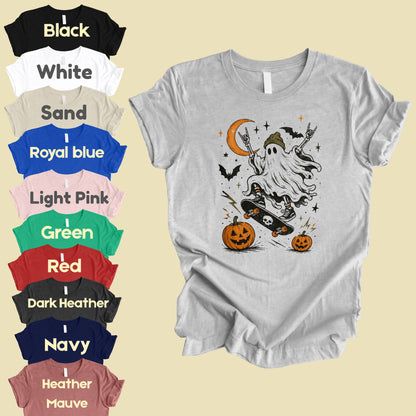 Halloween Skater Ghost Rock On T-Shirt, Skateboarding Skeleton Crescent Moon Pumpkins Bats Tee