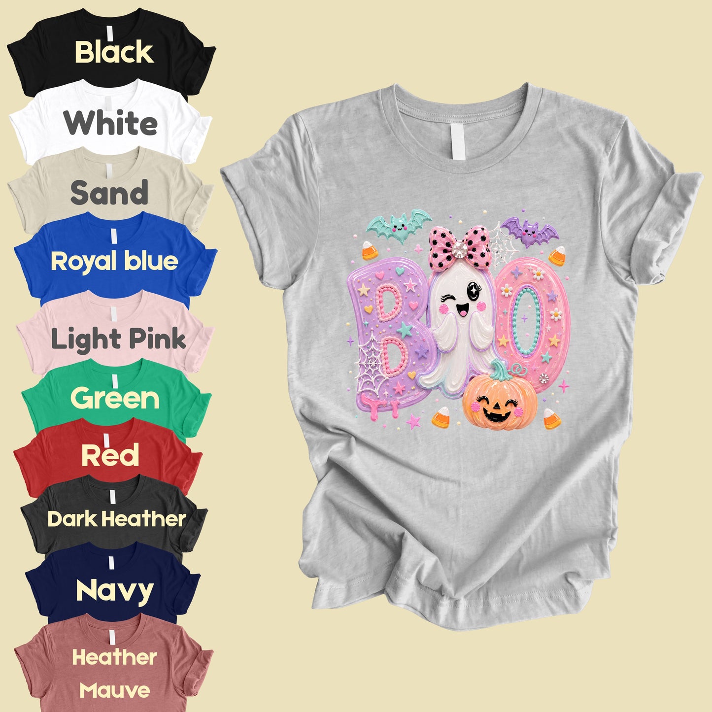 Pastel Cute Ghost Halloween Boo T-Shirt, Pink Purple Bow Pumpkin Candy Corn Girls Tee