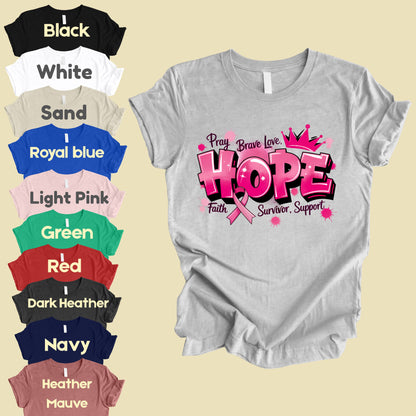 Breast Cancer Hope Pink Ribbon T-Shirt, Survivor Awareness Support Comfort Color Tee