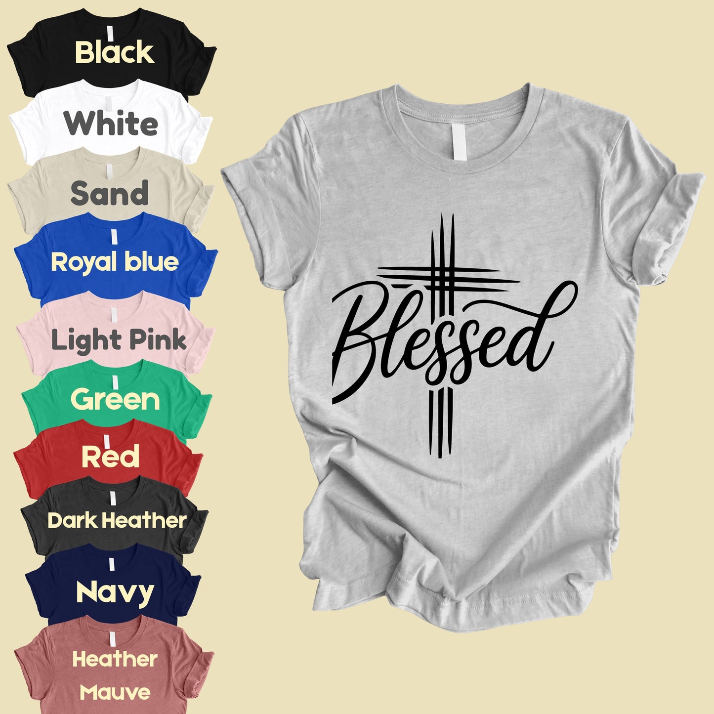 Blessed Cross Christian T-Shirt, Script Cursive Faith Minimalist Religious Tee Sweatshirt