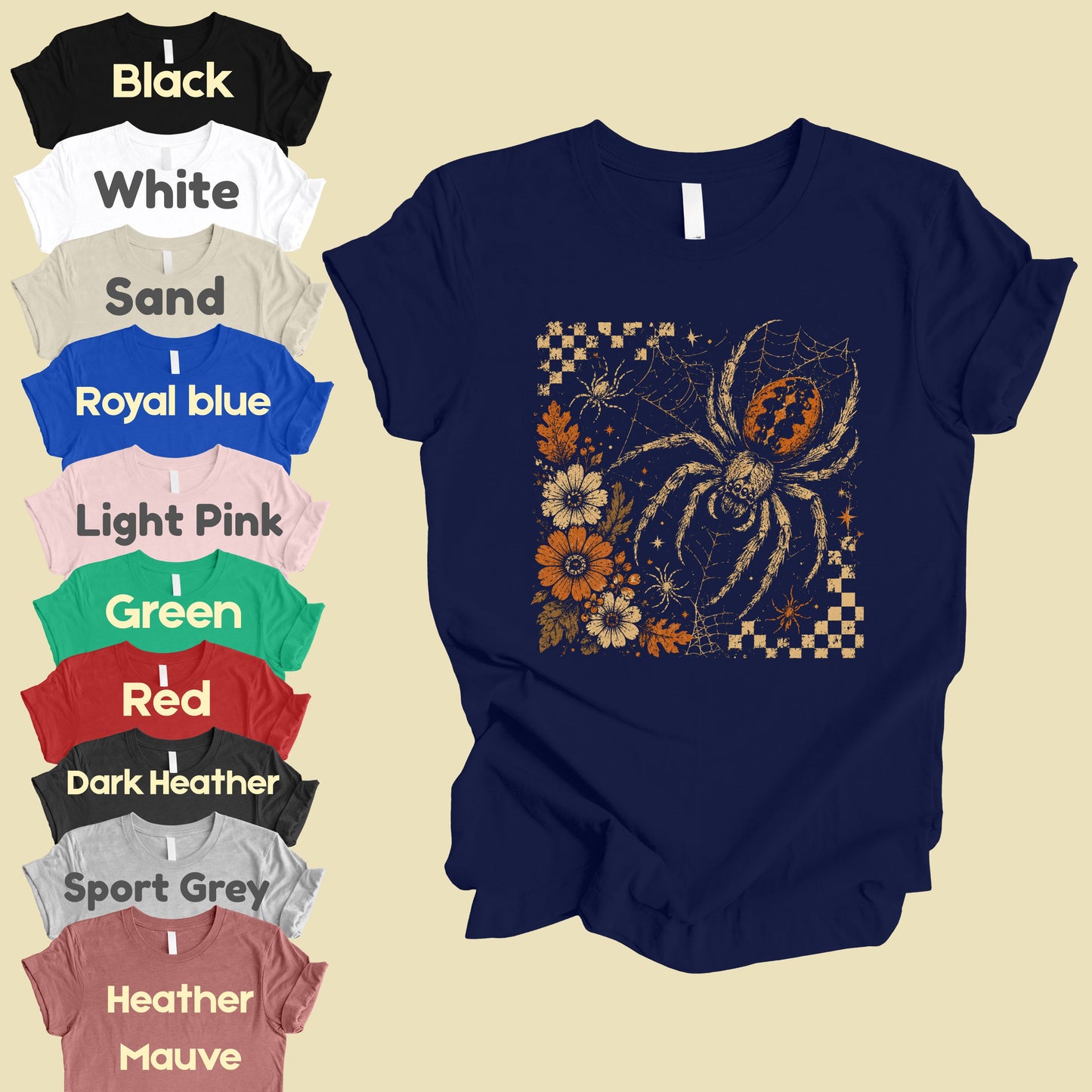 Vintage Fall Halloween Spider T-Shirt, Floral Spiderweb Checkered Spooky Season Tee