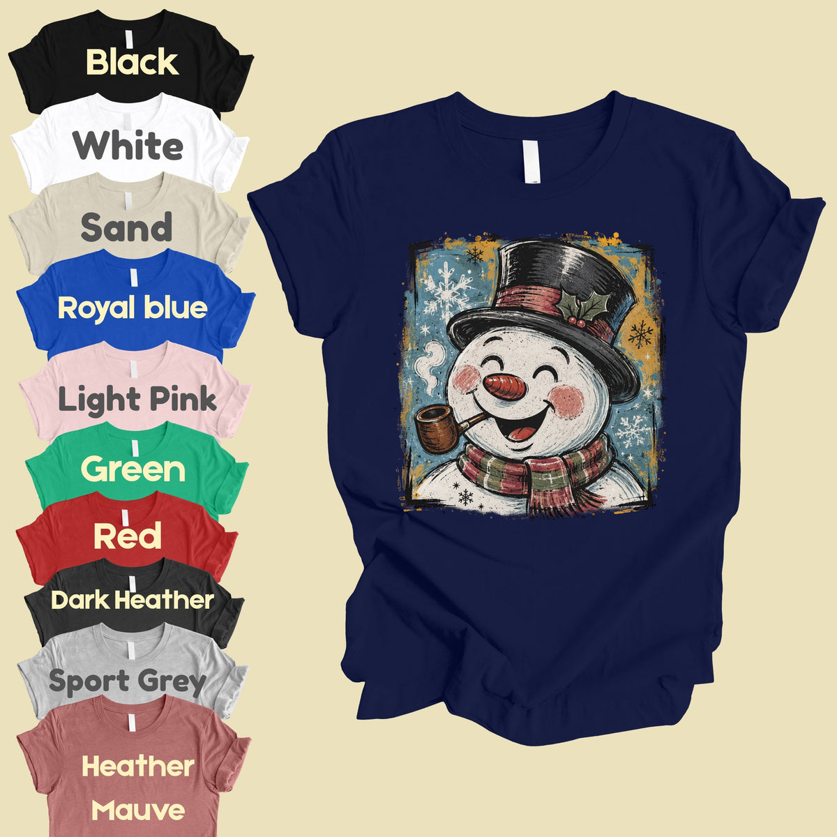 Vintage Snowman Christmas T-Shirt, Top Hat Pipe Snowflakes Scarf Comfort Color Tee
