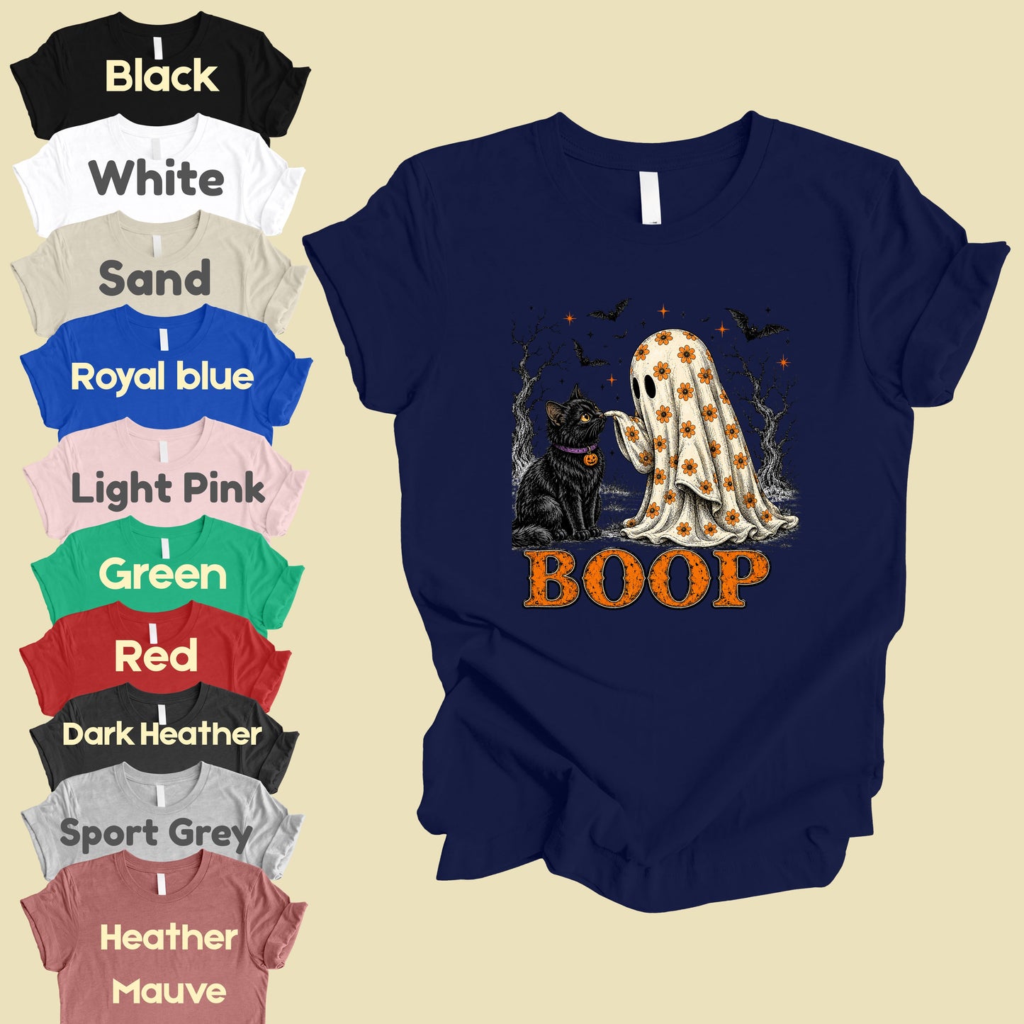Halloween Cute Ghost Boop Black Cat T-Shirt, Floral Sheet Bats Spooky Season Tee