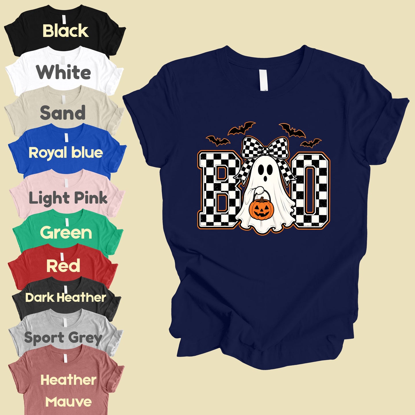 Boo Checkered Bow Ghost Halloween T-Shirt, Pumpkin Bucket Bats Retro Tee Sweatshirt