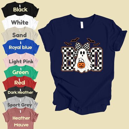 Boo Checkered Bow Ghost Halloween T-Shirt, Pumpkin Bucket Bats Retro Tee Sweatshirt