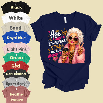 Age Brings Confidence Senior Woman T-Shirt, Fabulous Glam Leopard Coffee Comfort Color Tee
