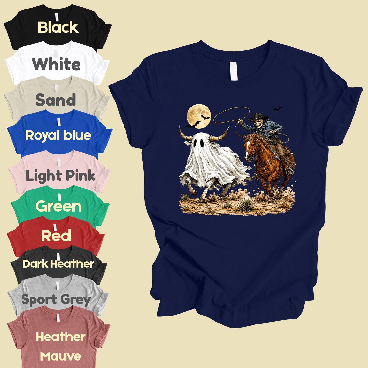 Halloween Skeleton Cowboy Ghost T-Shirt, Western Rodeo Bull Lasso Spooky Tee