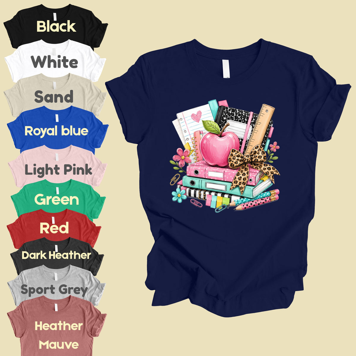 Pink Apple School Supplies T-Shirt, Books Leopard Bow Back to School Teacher Tee
