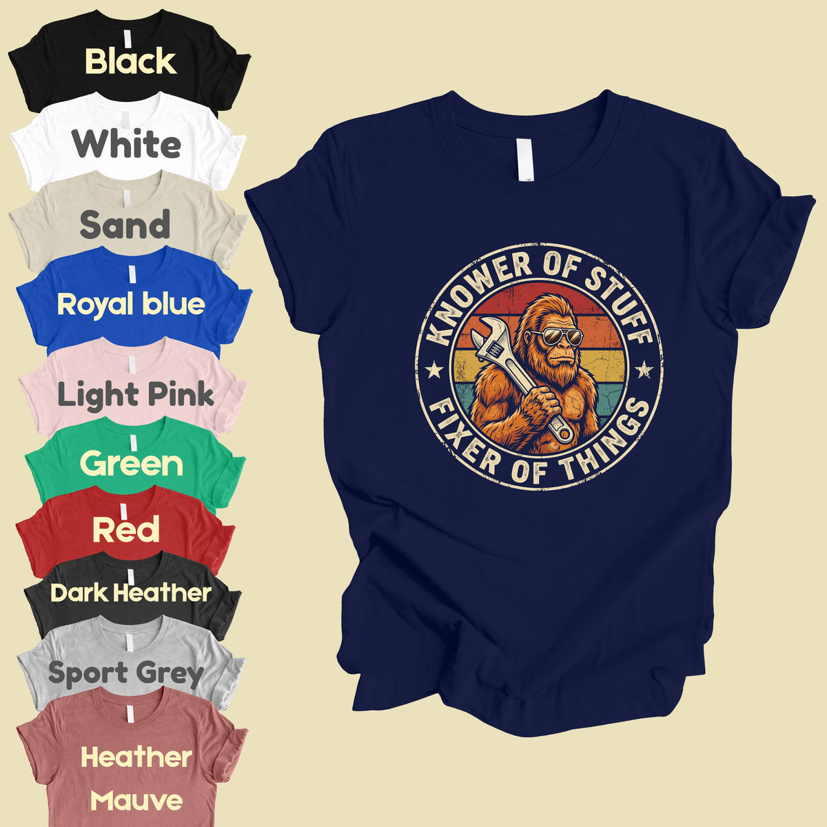 Funny Bigfoot Knower of Stuff Fixer of Things T-Shirt, Retro Sasquatch Wrench Sunglasses Dad Handyman Tee