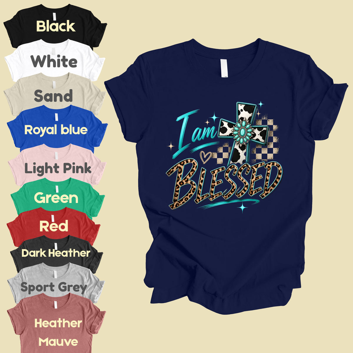 I Am Blessed Western Cross Cow Print T-Shirt, Turquoise Leopard Faith Tee