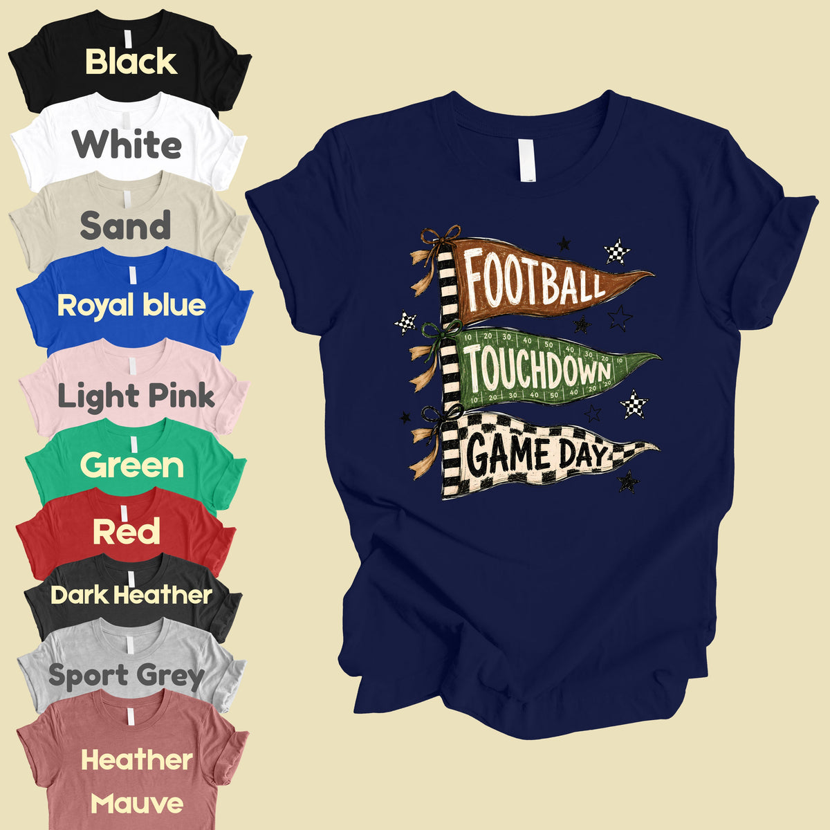 Football Game Day Pennants T-Shirt, Touchdown Flags Stars Sports Comfort Color Tee