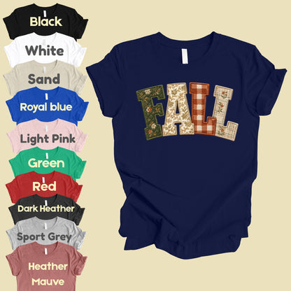 Fall Patchwork Chenille Letters T-Shirt, Quilted Plaid Autumn Thanksgiving Comfort Color Tee