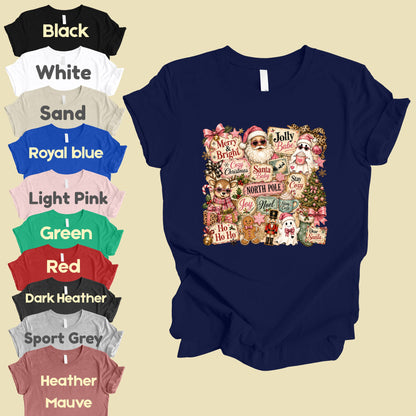 Cozy Pink Christmas Collage T-Shirt, Santa Reindeer Gingerbread Nutcracker North Pole Holiday Tee