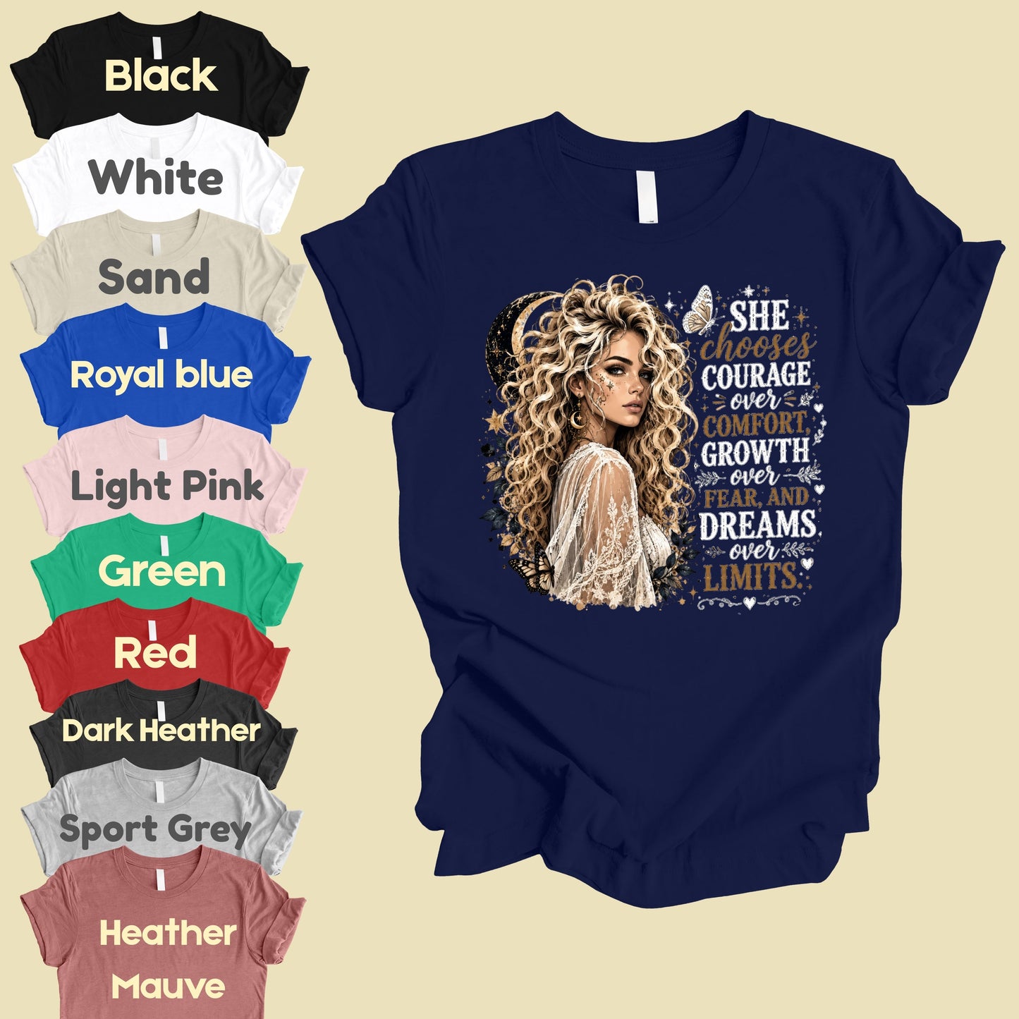 She Chooses Courage Inspirational T-Shirt, Blonde Woman Butterfly Crescent Moon Tee Sweatshirt