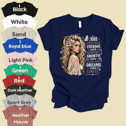 She Chooses Courage Inspirational T-Shirt, Blonde Woman Butterfly Crescent Moon Tee Sweatshirt