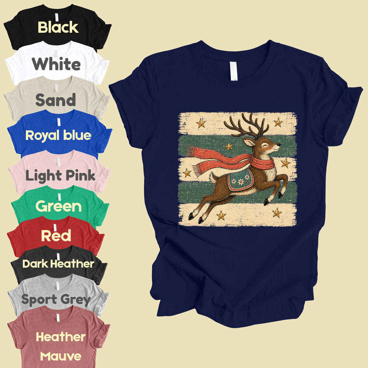 Vintage Christmas Reindeer T-Shirt, Flying Reindeer Scarf Retro Winter Comfort Color Tee