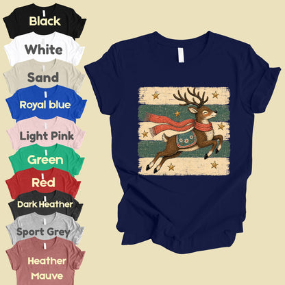 Vintage Christmas Reindeer T-Shirt, Flying Reindeer Scarf Retro Winter Comfort Color Tee