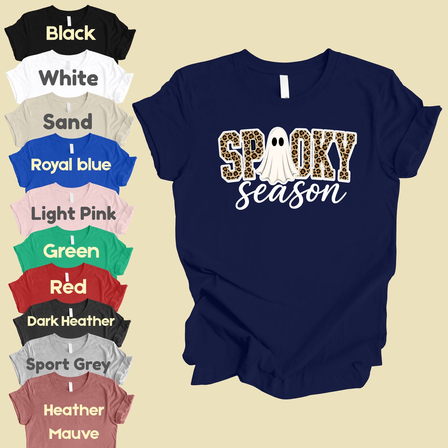 Halloween Spooky Season Ghost T-Shirt, Leopard Print Cheetah Varsity Letters Tee