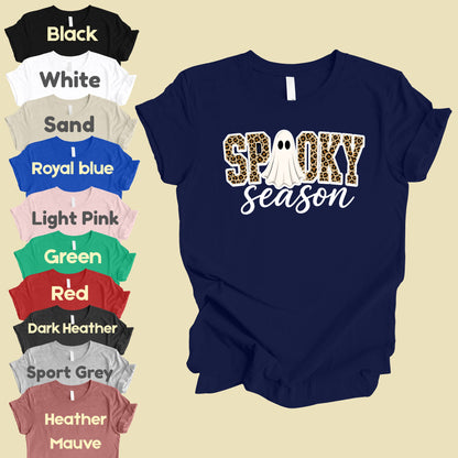 Halloween Spooky Season Ghost T-Shirt, Leopard Print Cheetah Varsity Letters Tee