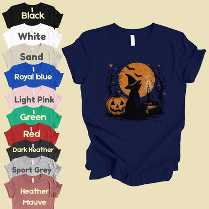 Halloween Black Cat Witch T-Shirt, Full Moon Pumpkin Spooky Vintage Books Magic Tee